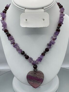 Hand Carved Natural Rainbow Fluorite Gemstone Heart Pendant with Amethyst Chips